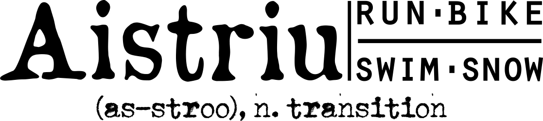 A black and white graphic design featuring the word "Aistriu" with the pronunciation and definition, alongside words "RUN-BIKE" and "SWIM-SNOW" separated by lines.