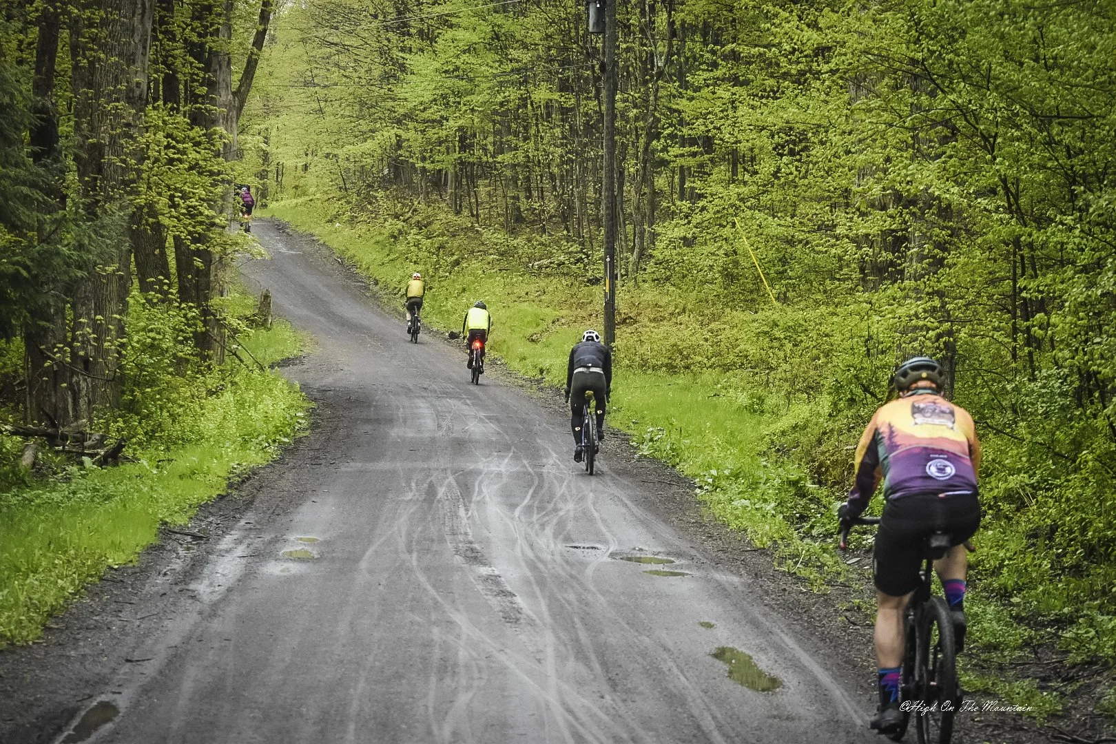 Group of five cyclists riding on a dirt trail through a green forested area.