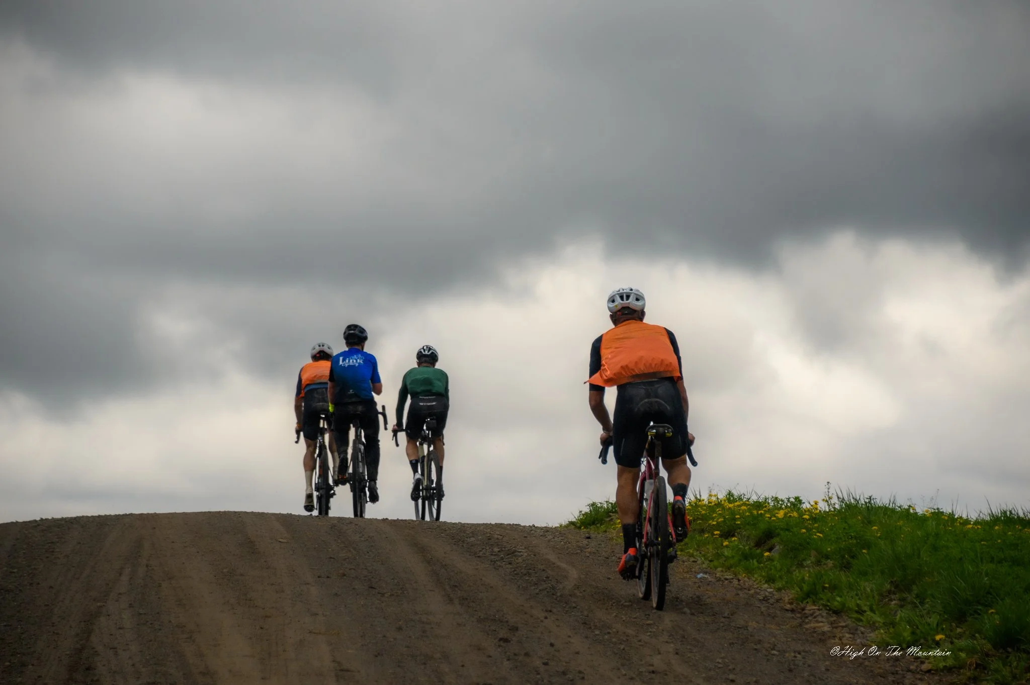 Four cyclists riding up a dirt hill under cloudy skies with grass and wildflowers on the side.