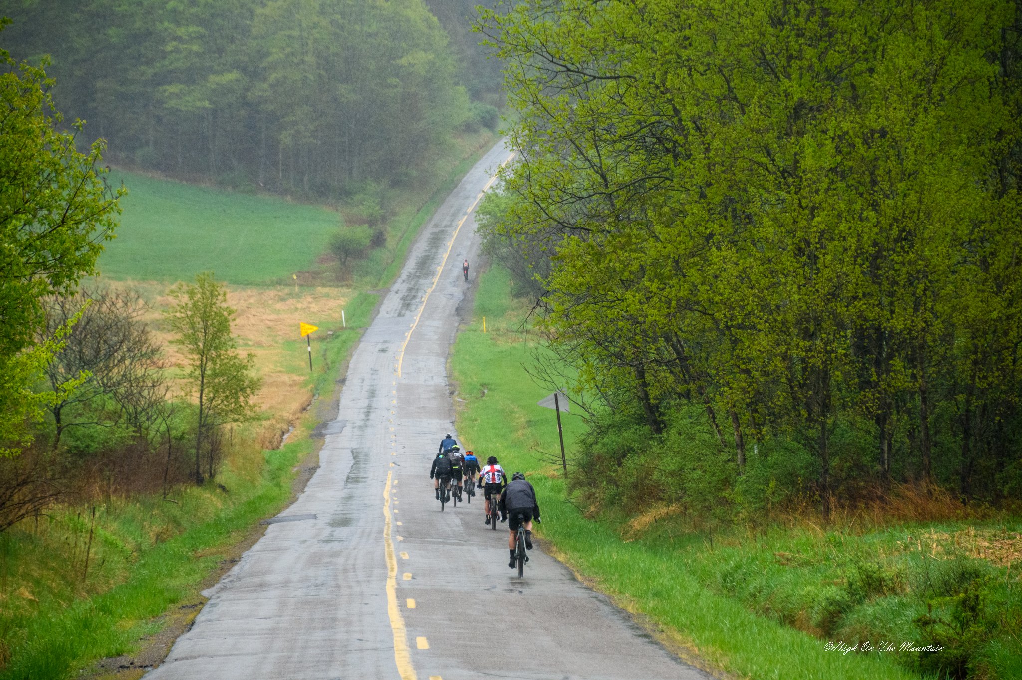 A group of cyclists riding on a wet, winding rural road surrounded by lush green trees and fields, with a person biking alone further down the road.