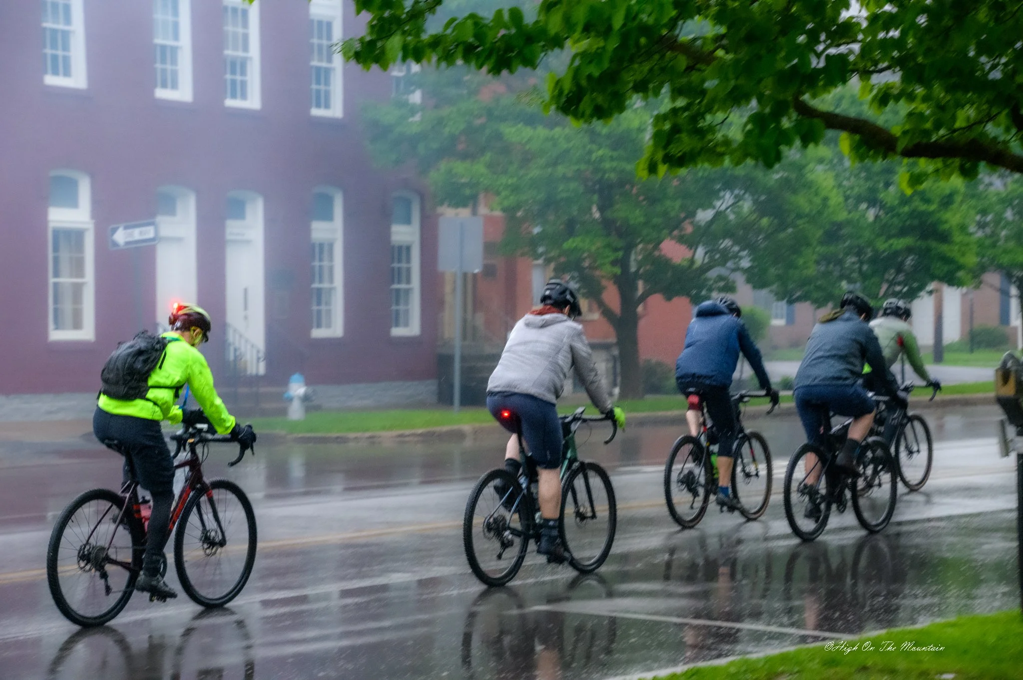 Group of people riding bicycles on wet road in a city during rain, with trees and buildings in the background.