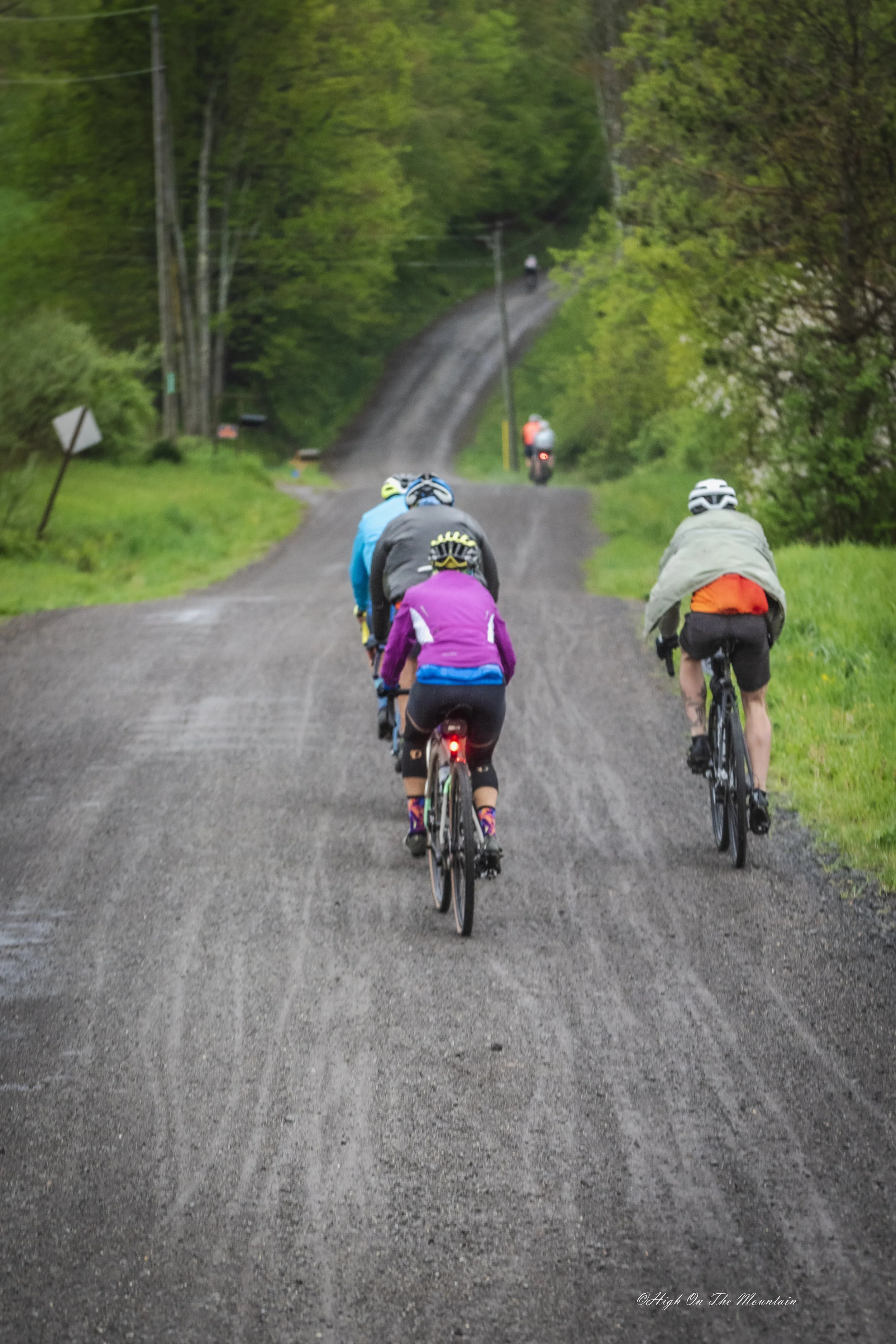 Four cyclists riding on a gravel road through a green, wooded area with a hilly terrain in the background.