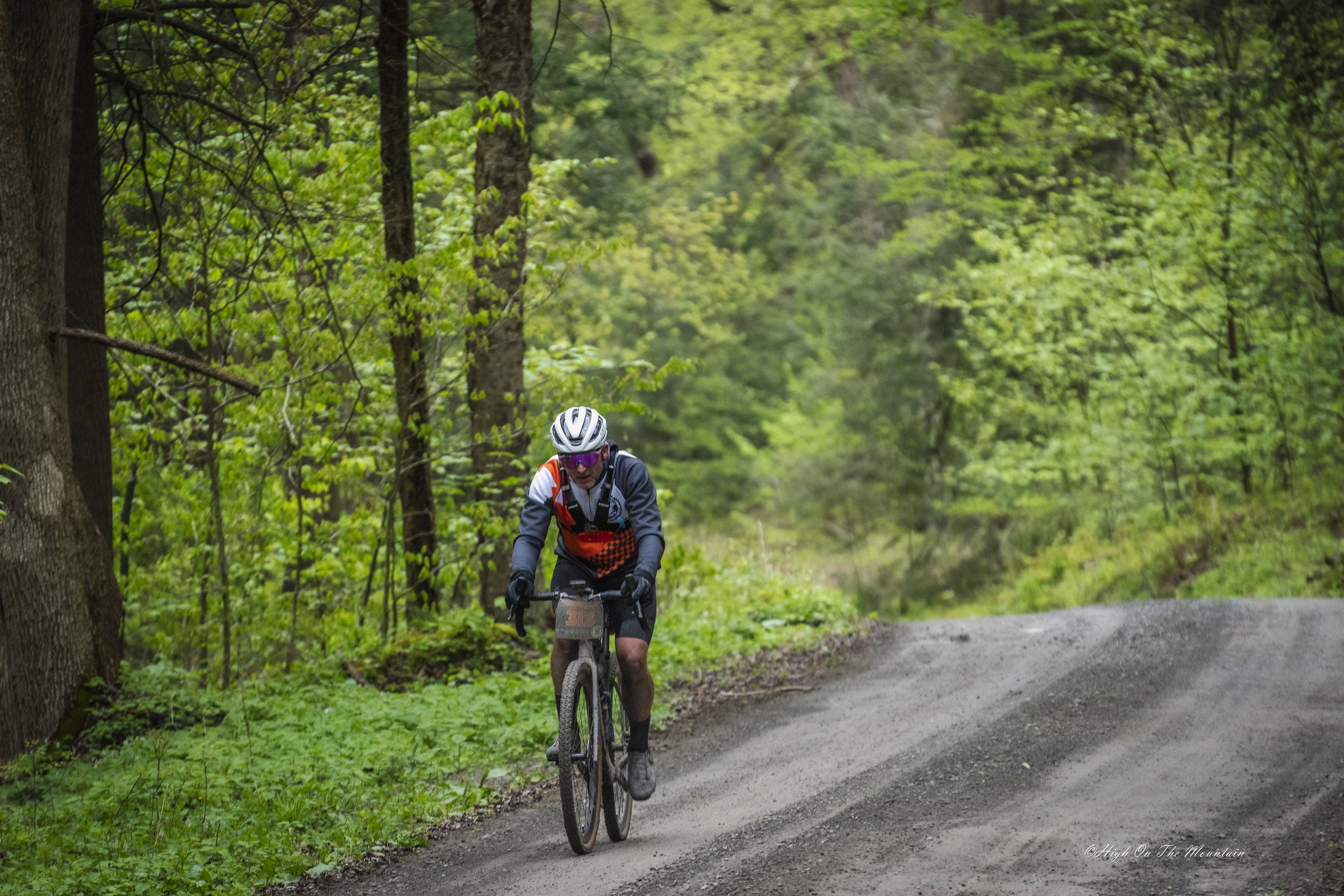 A cyclist riding a mountain bike on a dirt trail through a lush green forest.