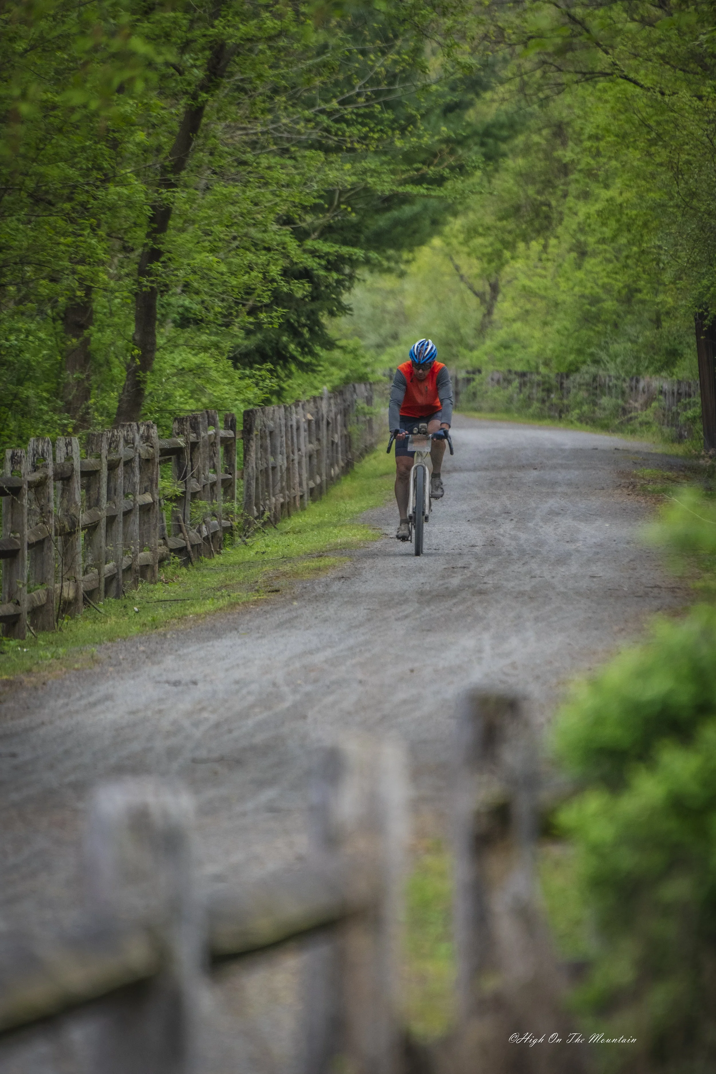 A person riding a mountain bike on a gravel path surrounded by green trees.