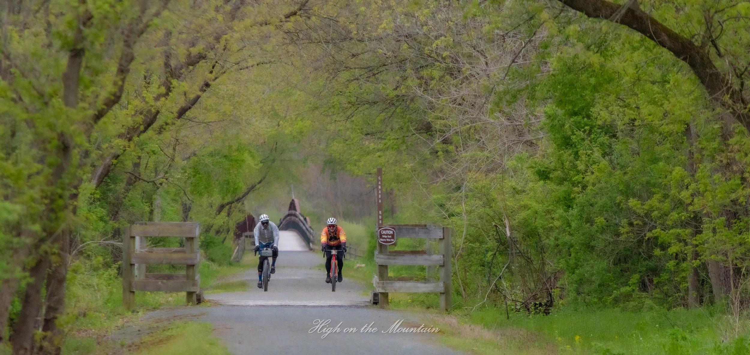 Two cyclists riding bicycles on a tree-lined trail near a small bridge, with a sign reading "Caution" and lush green foliage surrounding the path.