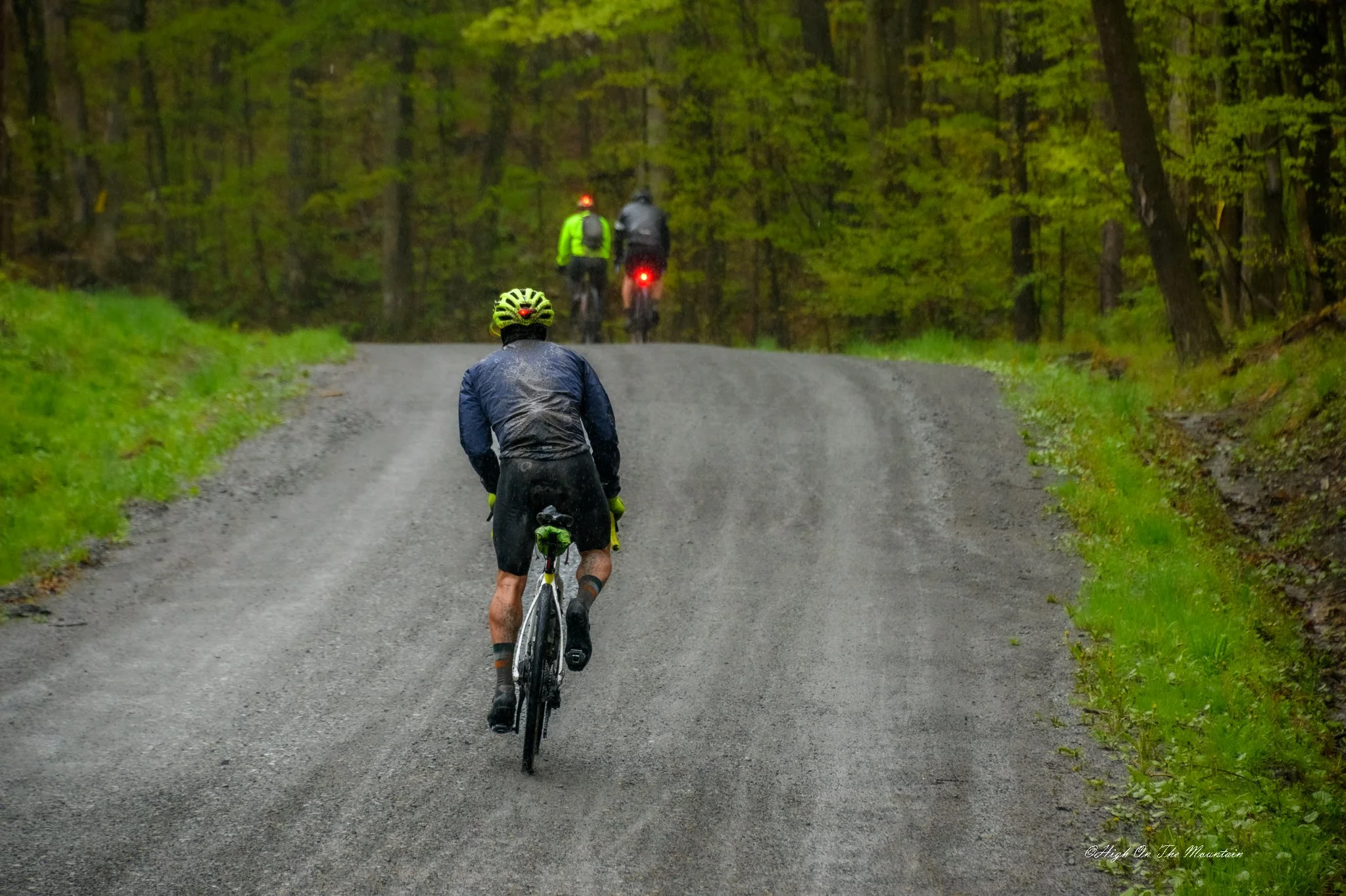 A person riding a bicycle on a gravel trail through a dense green forest, with two other cyclists ahead on the trail.