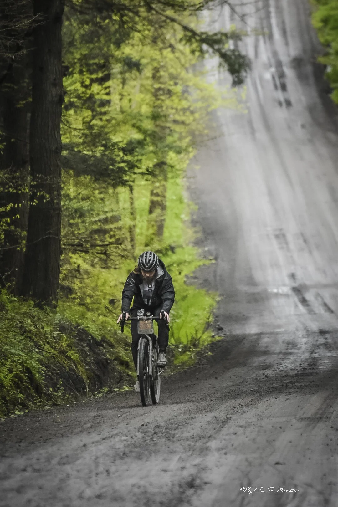 A person riding a mountain bike on a dirt trail lush with green foliage and tall trees, with a slightly misty background.