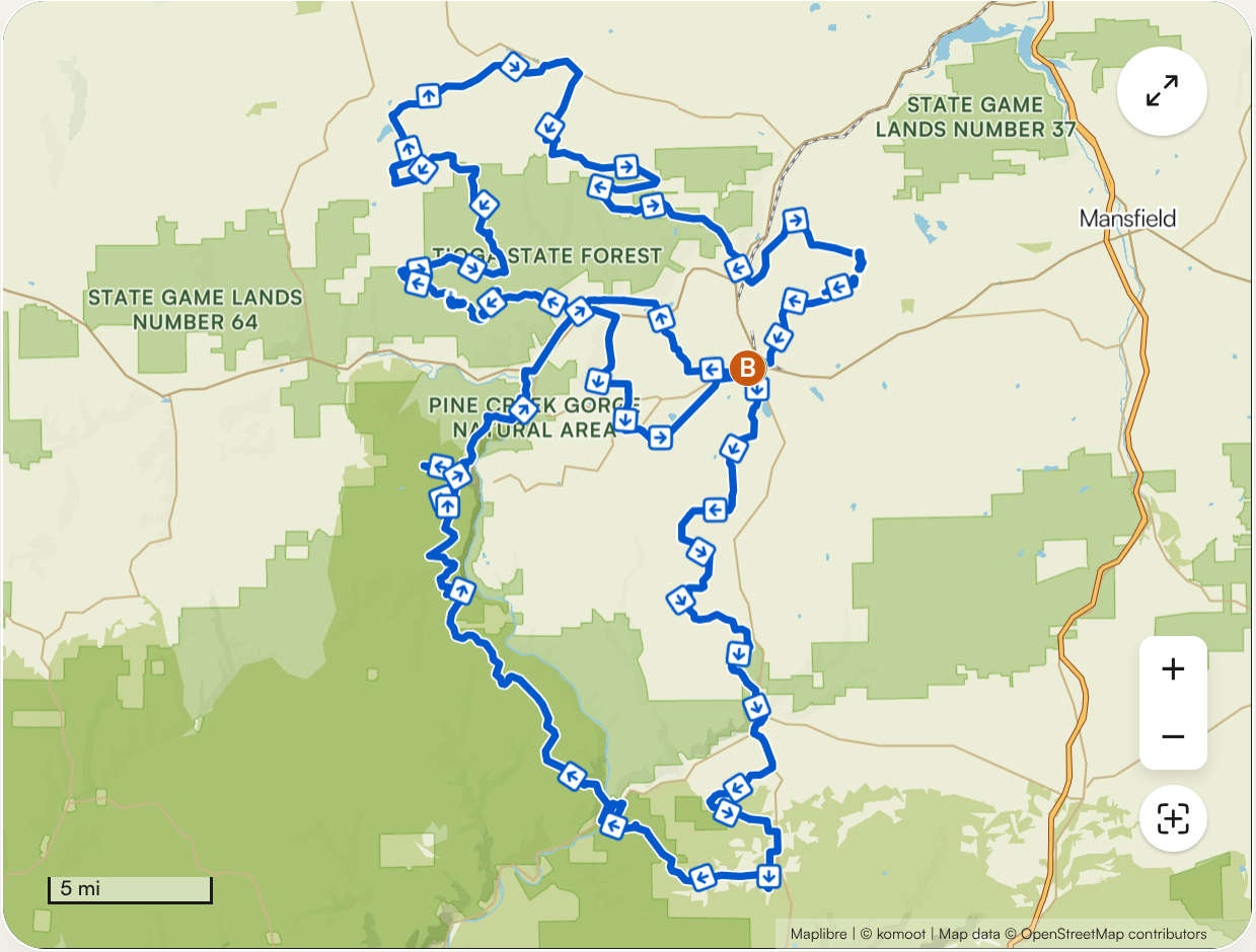 Map of a hiking trail through the Talladega National Forest and Pine Creek Gorge Natural Area, with a marked route and direction arrows, surrounding state game lands, and a scale indicating 5 miles.