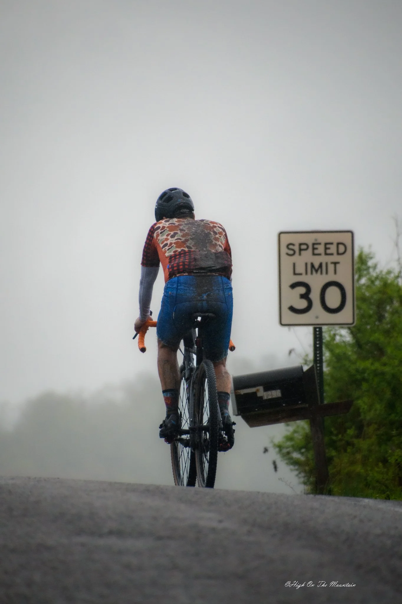 A person riding a mountain bike on a road, wearing a helmet and colorful shirt, with a speed limit sign showing 30 mph to the right and trees in the background.
