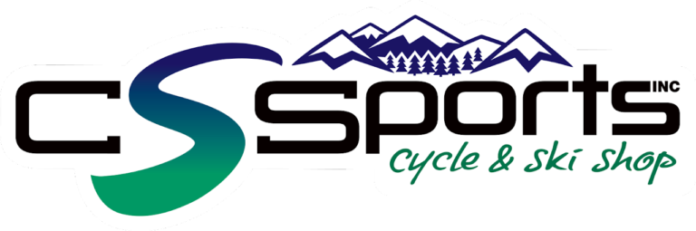 Logo for C S Sports Cycle & Ski Shop featuring mountains and trees.