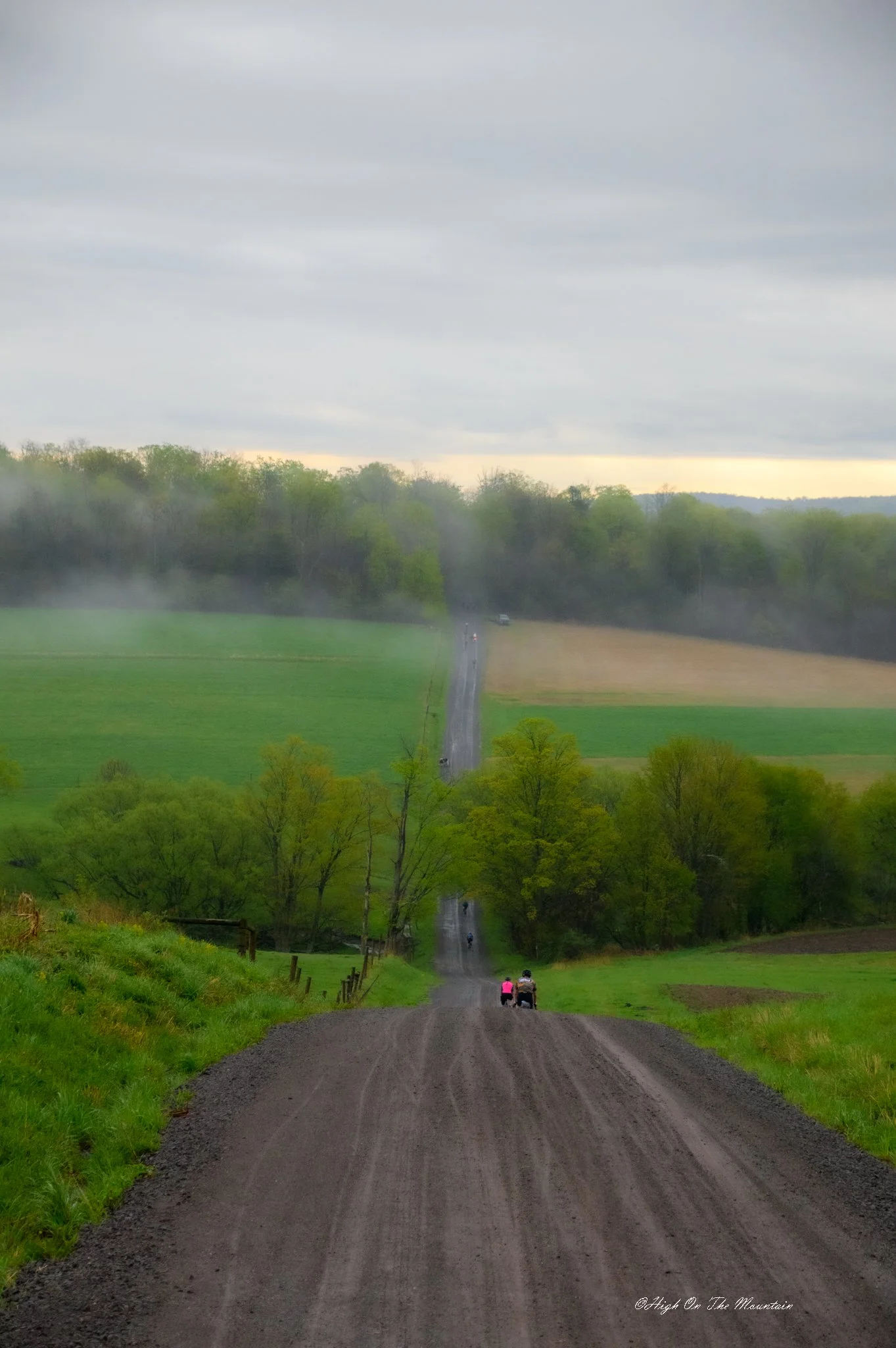 A rural dirt road leads downhill through green grass and trees with a cloudy sky overhead. Two people, possibly a parent and child, walk together on the road.