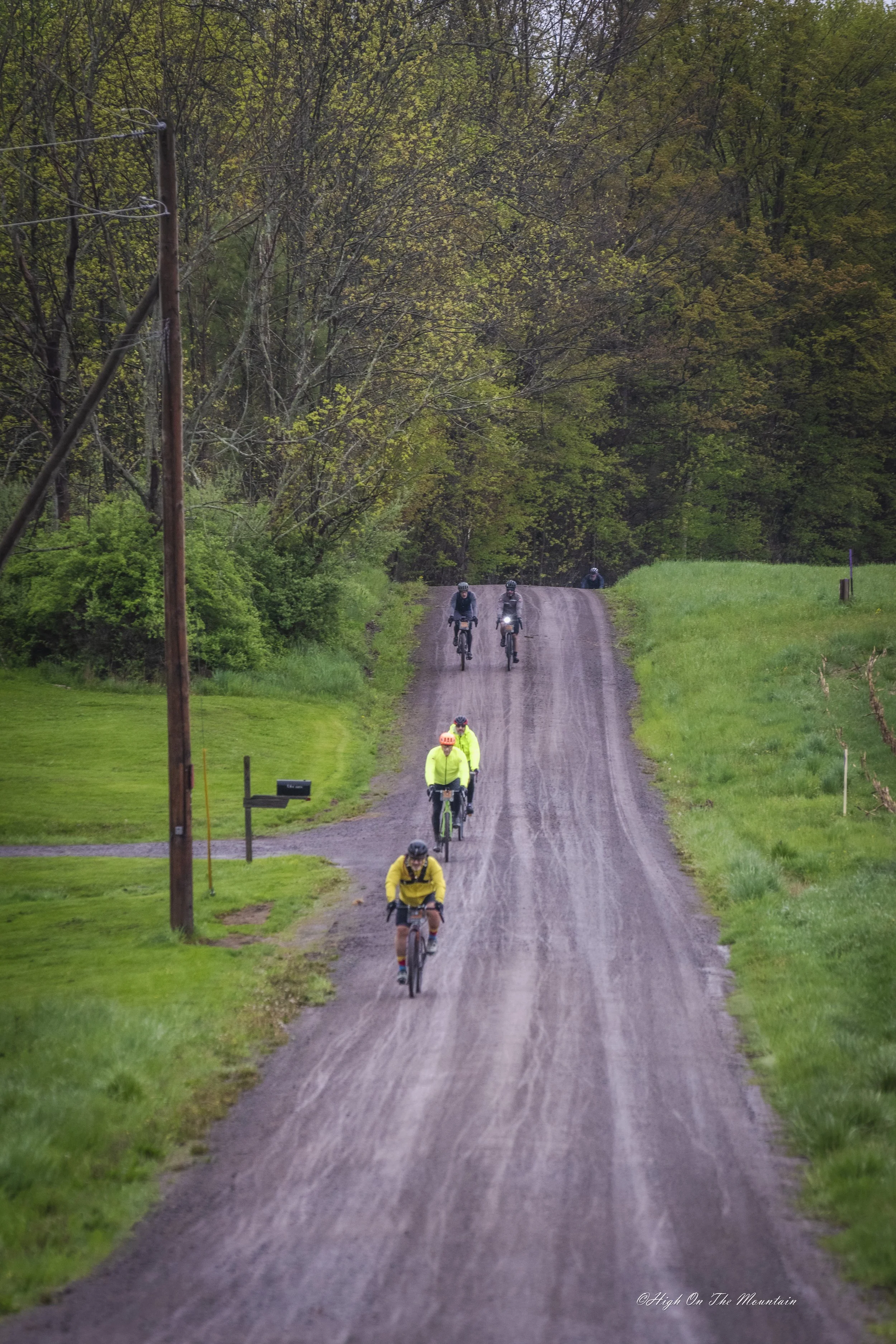 Several cyclists riding on a dirt road through a green, forested area with trees on both sides, some with leaves beginning to sprout. The sky is overcast, and there are utility poles along the left side of the road.