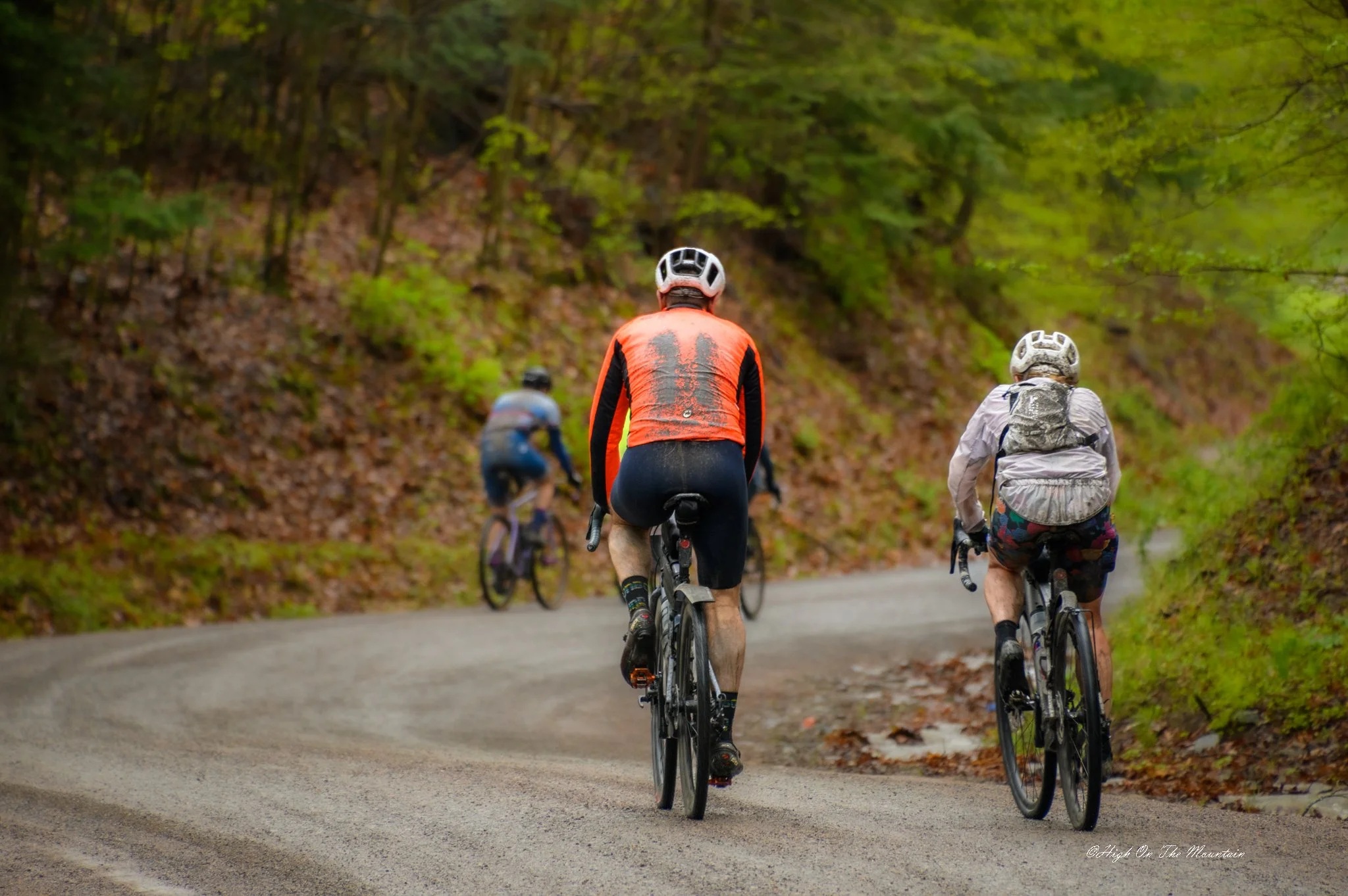 A group of four mountain bikers riding on a wooded trail during daytime, with lush green trees surrounding the path.