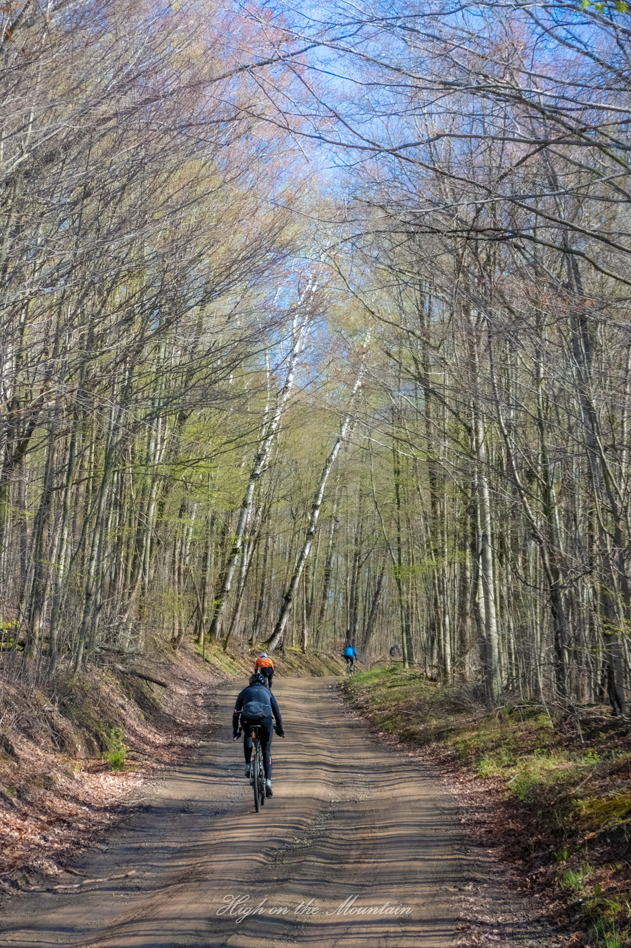 A group of cyclists riding on a dirt trail through a forest with tall, leafless trees on either side. The sky is partly cloudy with patches of blue visible. The trail is uneven, with tire tracks, and the text 'High on the Mountain' is written at the 