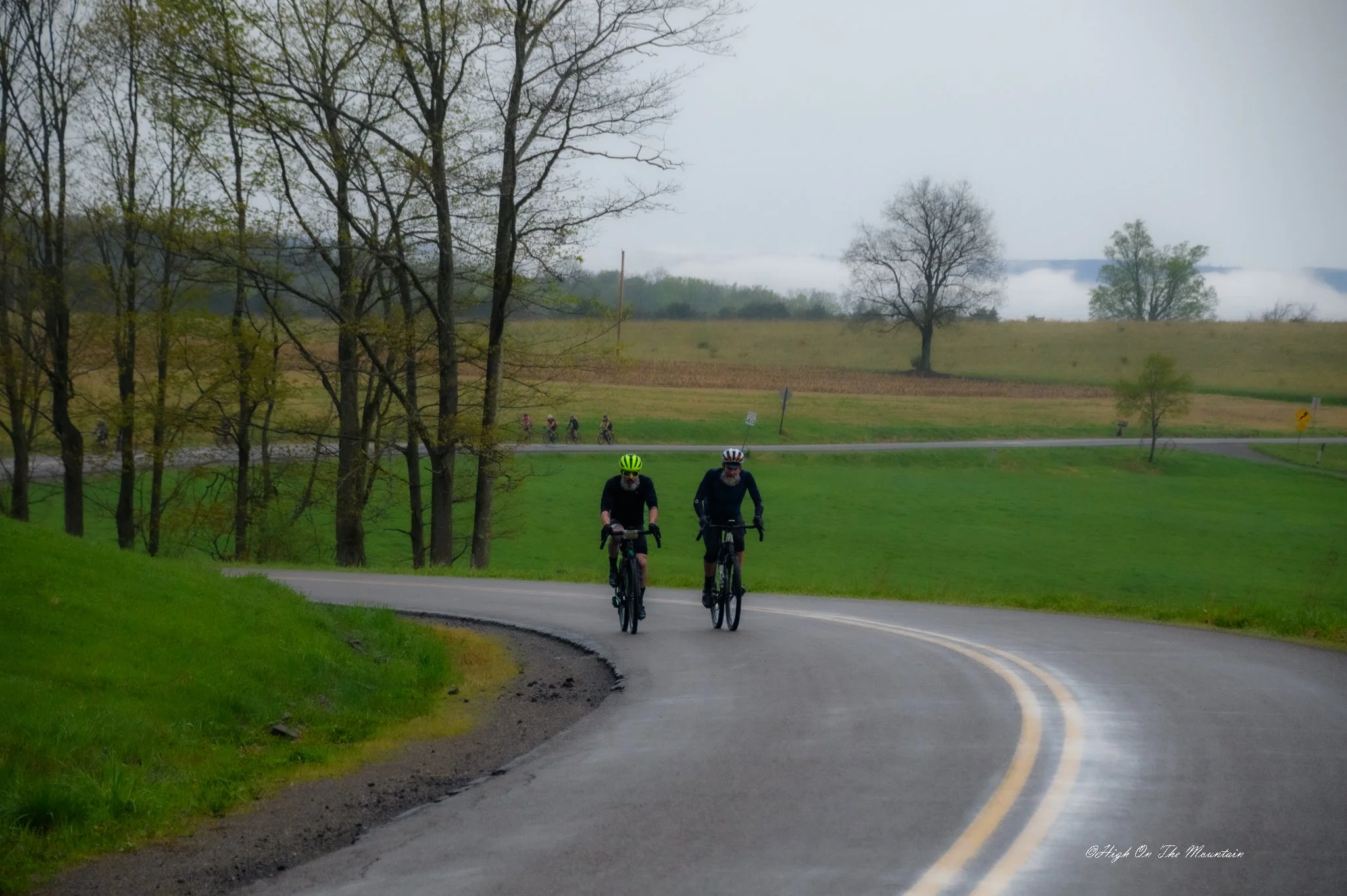 Two cyclists riding down a winding country road surrounded by green grass and trees, with other cyclists visible in the background and a cloudy sky overhead.