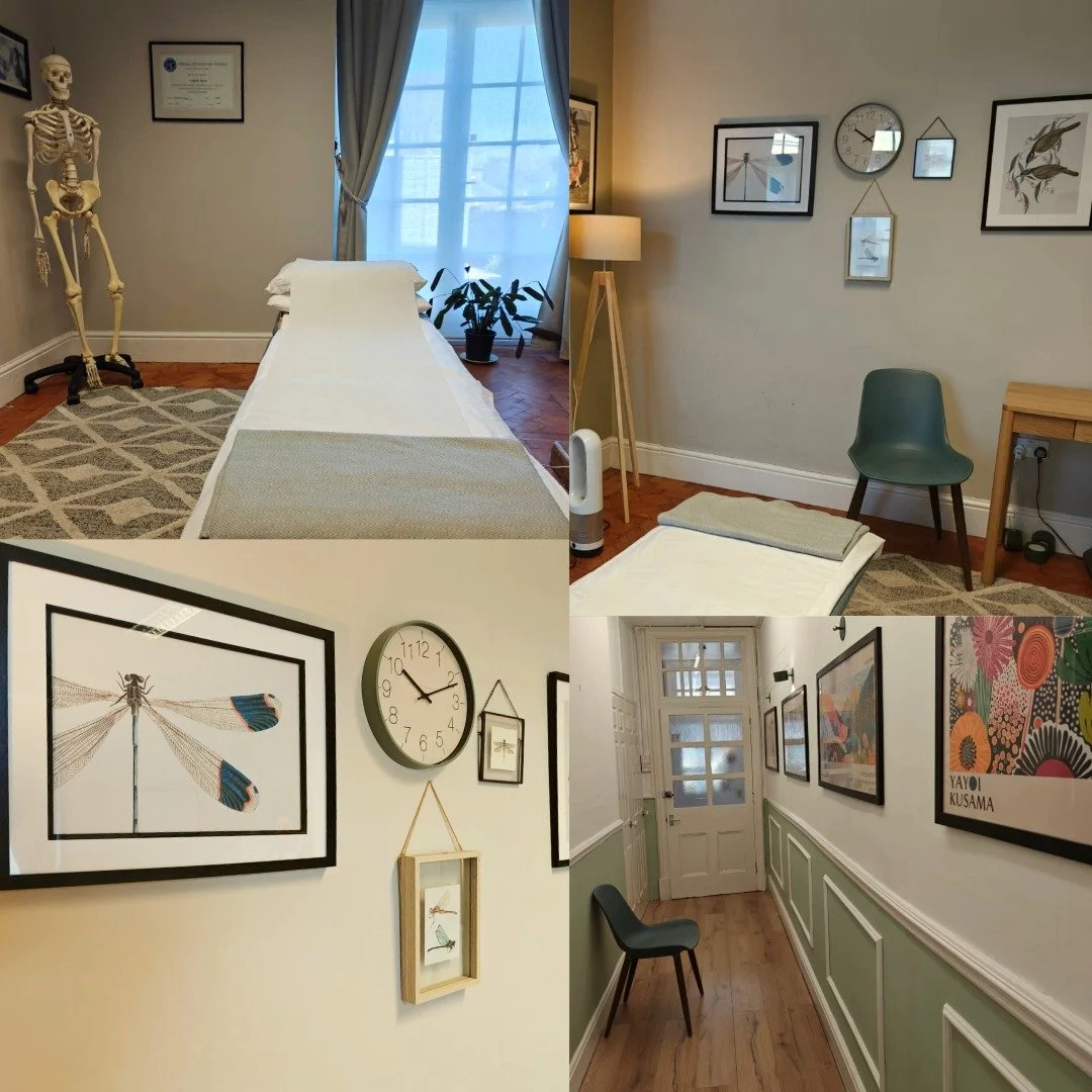 Collage of four interior room images showing a wellness or therapy room, a hallway with artwork, and two walls with artwork at Cathy Hearne Osteopathy.