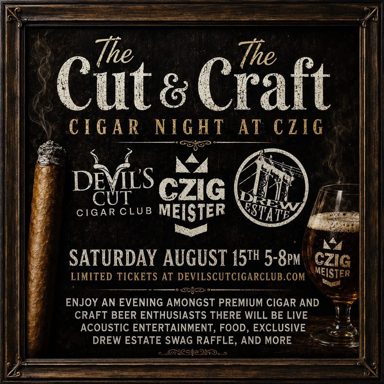 This exclusive cigar night experience features two premium Drew Estate cigars, thoughtfully selected for a tasting experience that highlights depth, flavor, and craftsmanship. Each cigar is paired with a curated flight of craft beer, created specific