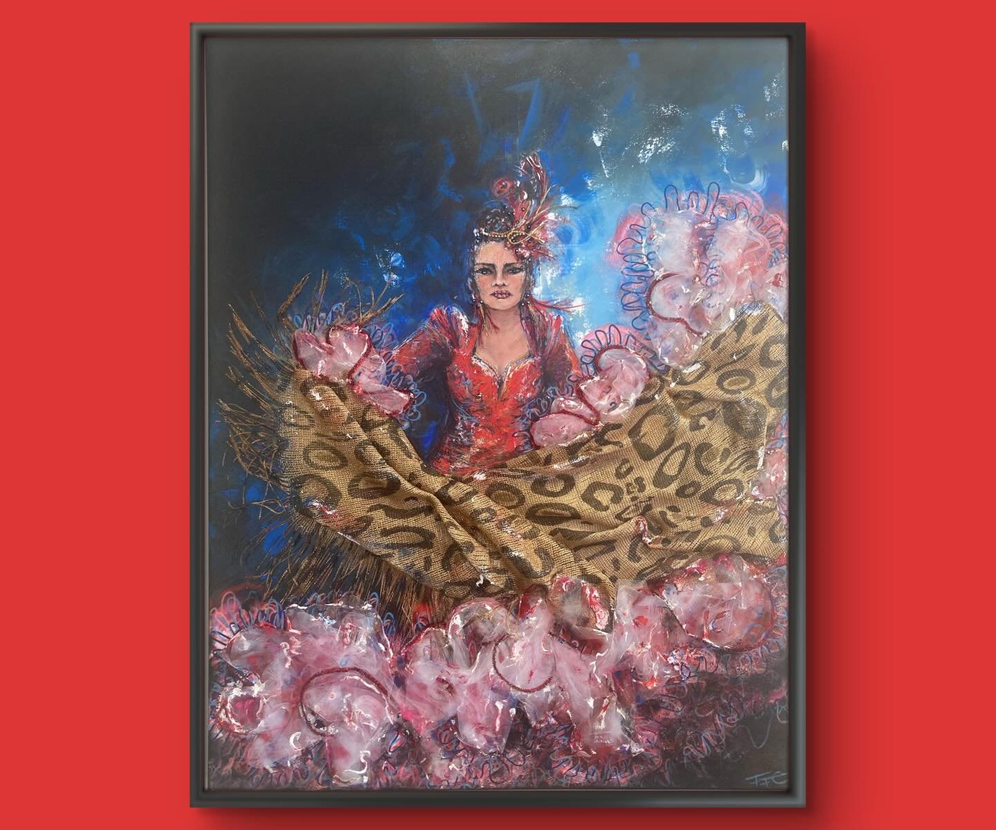 &ldquo;La Reine des Ar&egrave;nes&rdquo;

Dans une nuit profonde aux reflets bleut&eacute;s, une femme surgit, flamboyante.
Drap&eacute;e de rouge et de lumi&egrave;re, elle danse avec force et fiert&eacute;, comme un &eacute;cho aux nuits vibrantes 