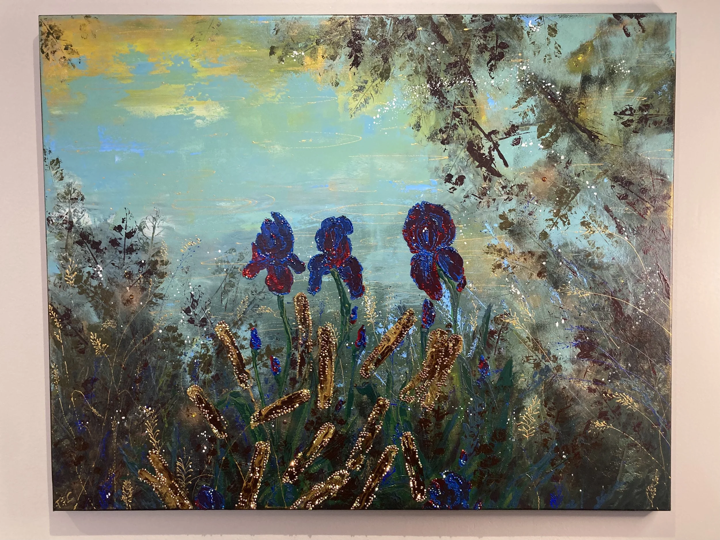 mare fleur iris nature strass Atelier Fanny Fuoco Tableau Peinture Décoration intérieure