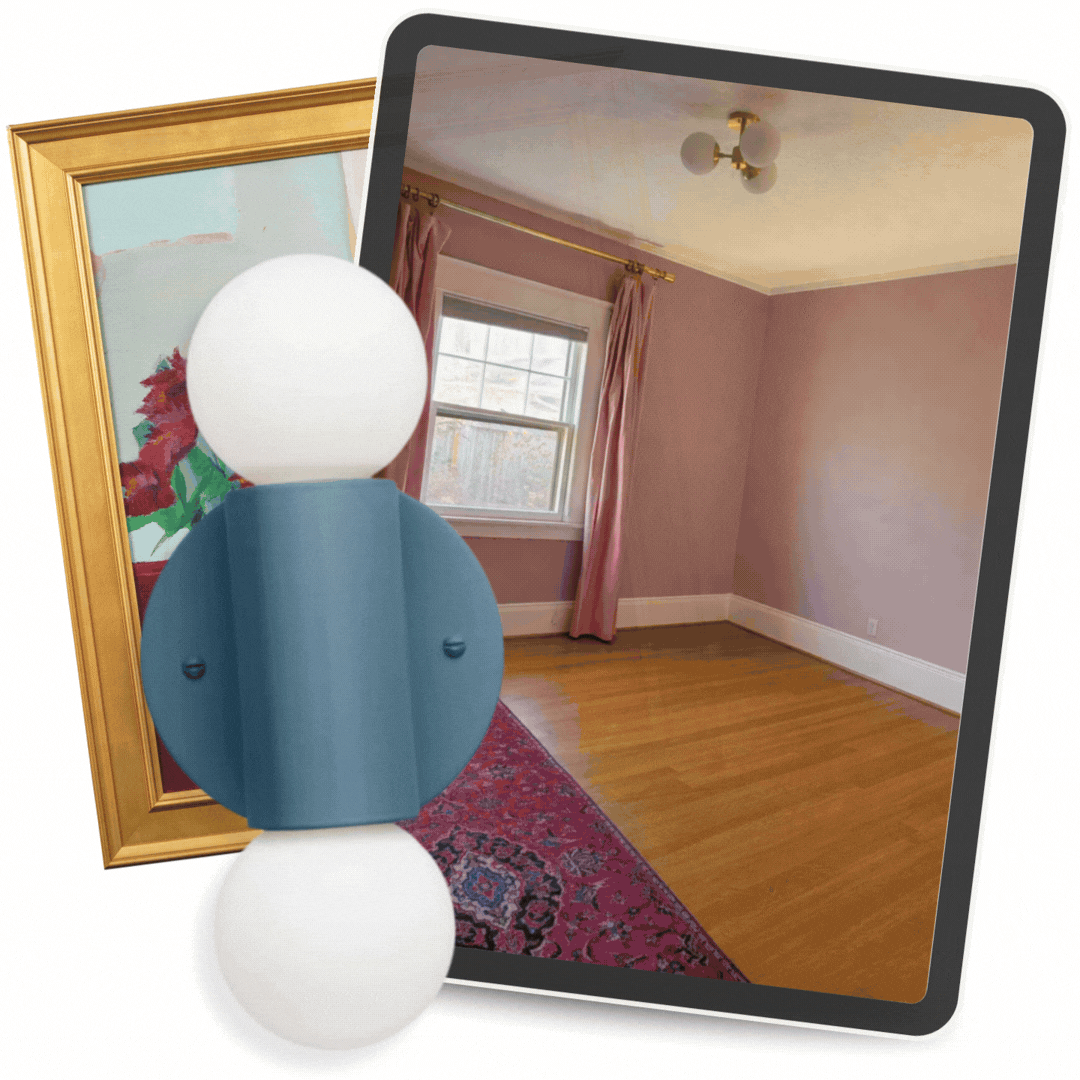 An empty room with pink walls, a window with pink curtains, a wooden floor, a rug, a ceiling light fixture, a tablet showing the room, and a portrait painting in a gold frame.