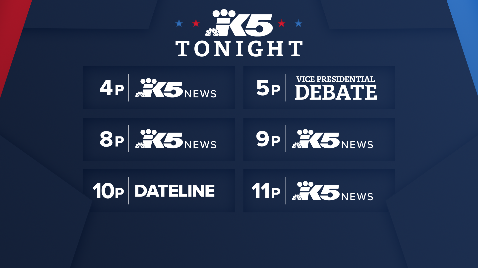 Schedule of TV news and debate programs on K5 NBC, listed with times from 4 p.m. to 11 p.m. in a grid format, with events including news updates, a vice presidential debate, and a dateline segment.