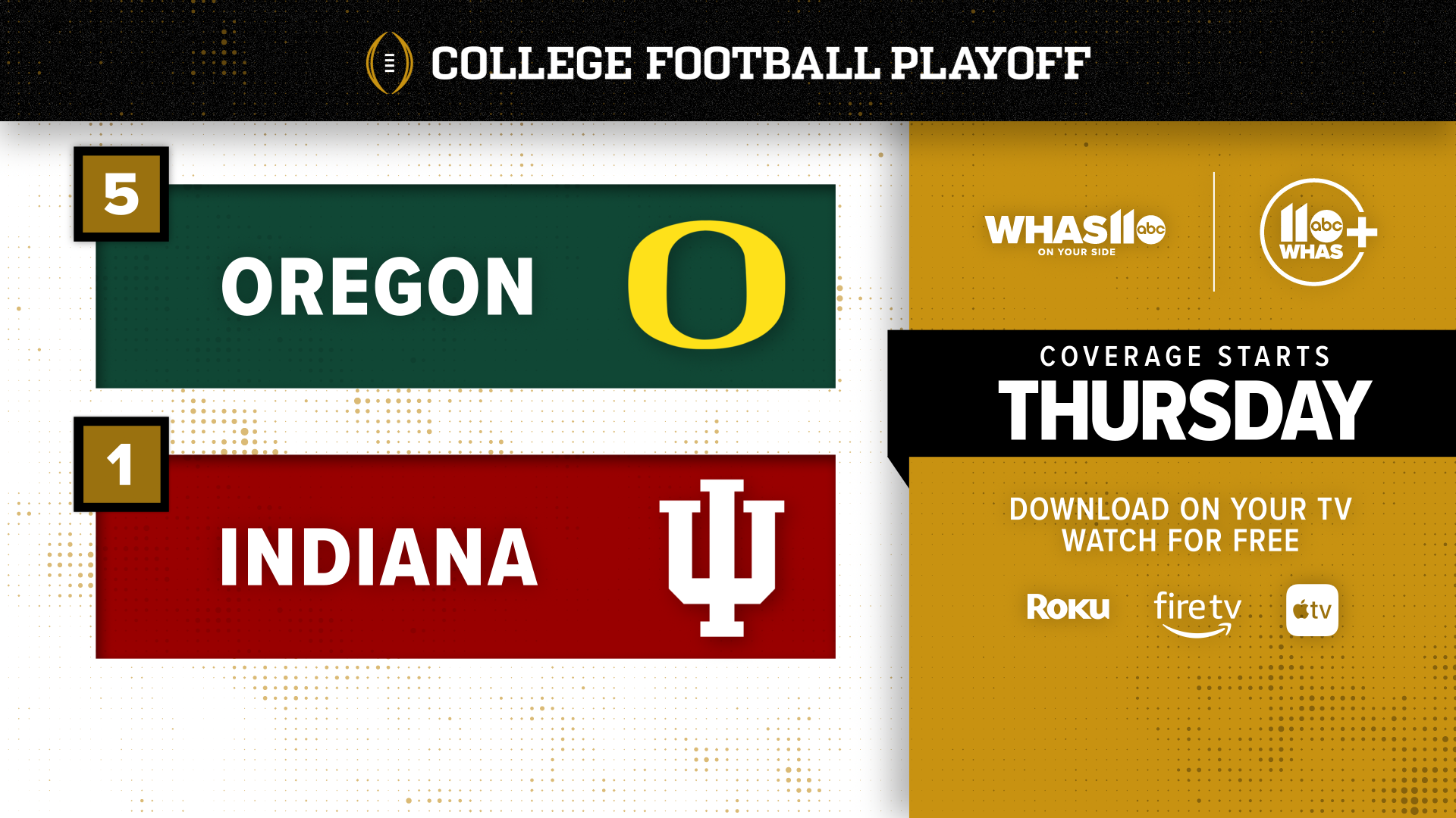 2023 college football playoff bracket showing Oregon versus Indiana, with Oregon leading 5-1, and coverage starting Thursday, available on TV and streaming platforms.