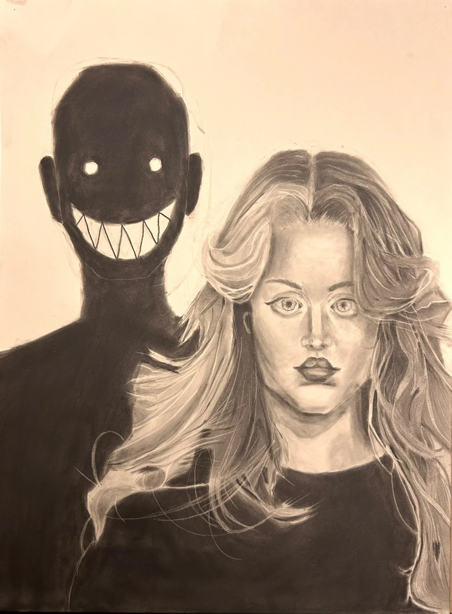 An image representing the main character's struggle in Rogue Flare, her true alien self always hanging over her shoulder. Made with pan pastel. 