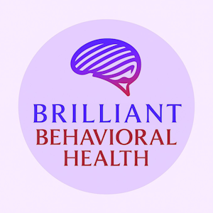 Logo for Brilliant Behavioral Health featuring a stylized brain with purple stripes and a red speech bubble, with the text 'BRILLIANT BEHAVIORAL HEALTH' below.