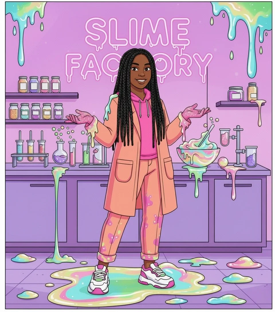 An illustrated woman with long braids standing in a colorful slime factory with slime overflowing and dripping everywhere. She is wearing a pink hoodie, peach-colored coat, and pants, and white sneakers. The background has shelves with jars and bottles, and a sign that says 'Slime Factory.'