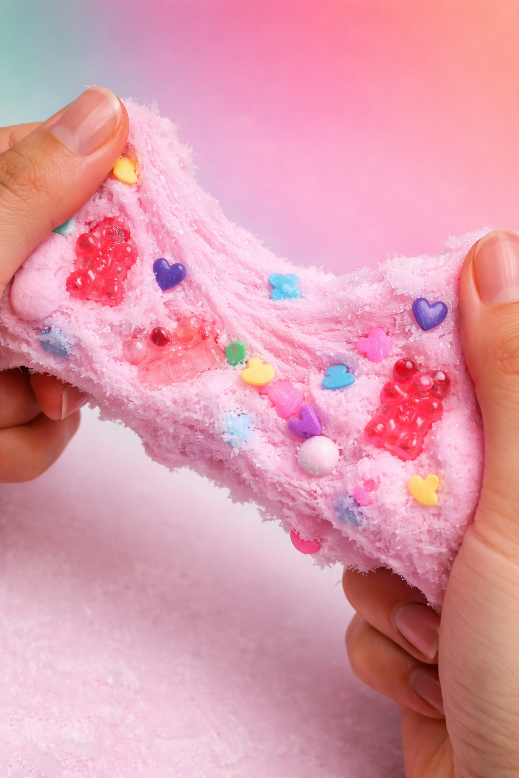 Hands pulling pink fluffy slime decorated with colorful heart and bear-shaped sprinkles and small beads against a pink background.