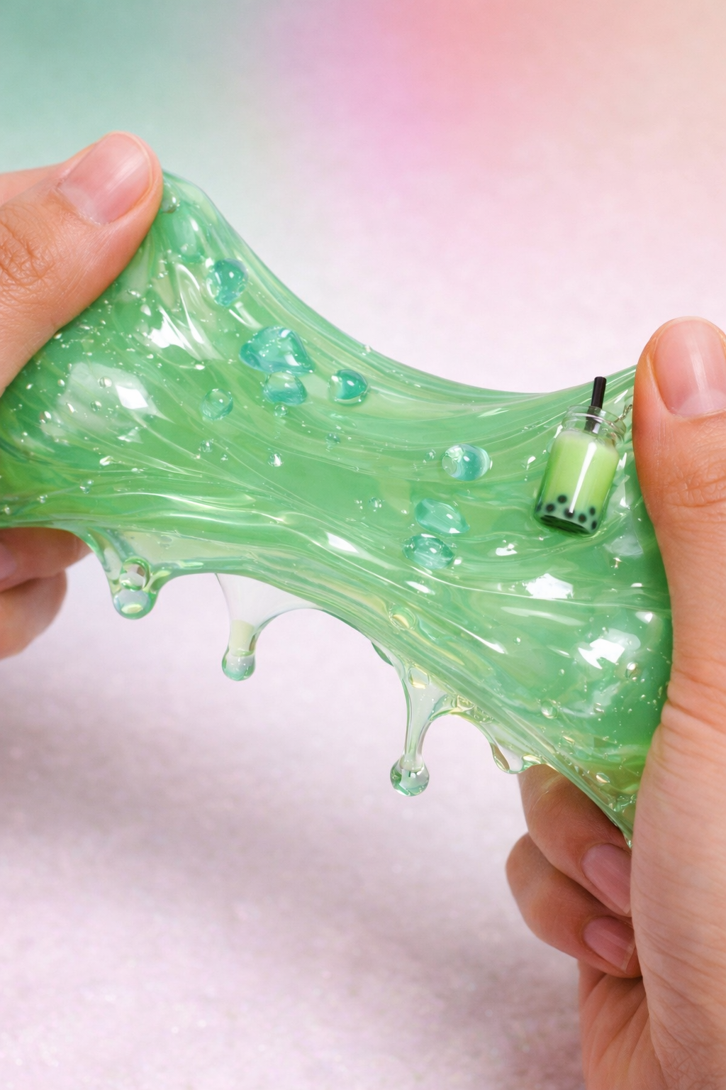 Person stretching green slime with black tapioca pearls in a small bottle.