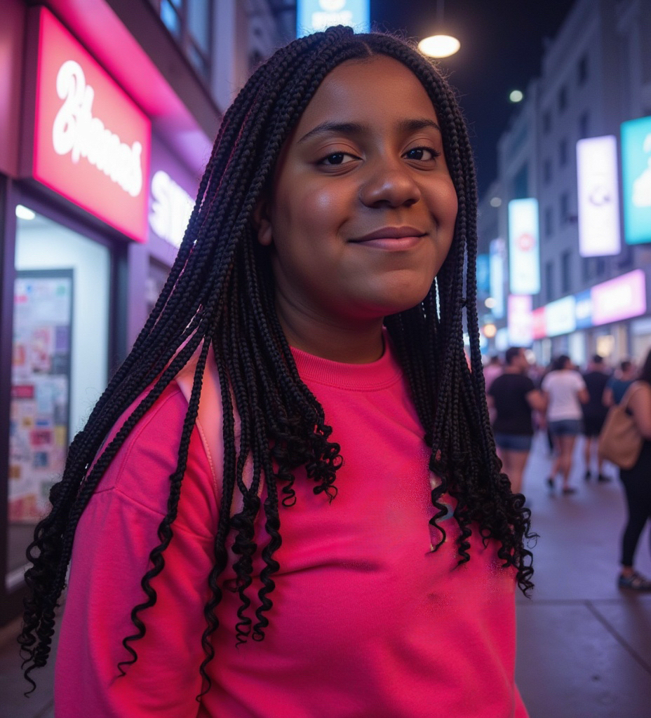 A young woman with long, curly braids smiling in a city at night, illuminated by colorful neon signs and lights.