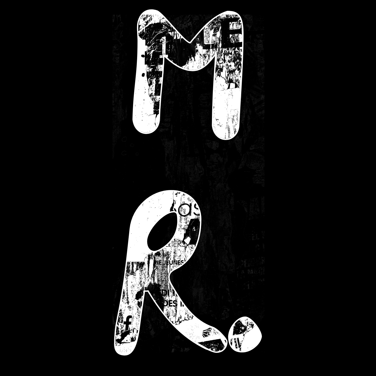 Black background with large white distressed letters 'M' and 'R' in a graffiti style.