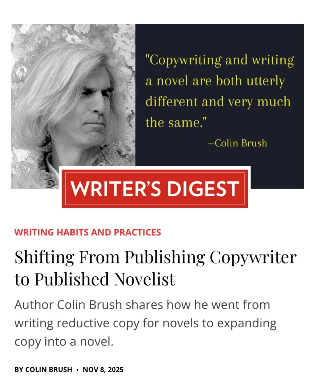 Copywriter in the wild: The lovely people at @writersdigest asked me to talk about how I went from copywriter to novelist (note: I'm still a copywriter).

https://www.writersdigest.com/shifting-from-publishing-copywriter-to-published-novelist

As the