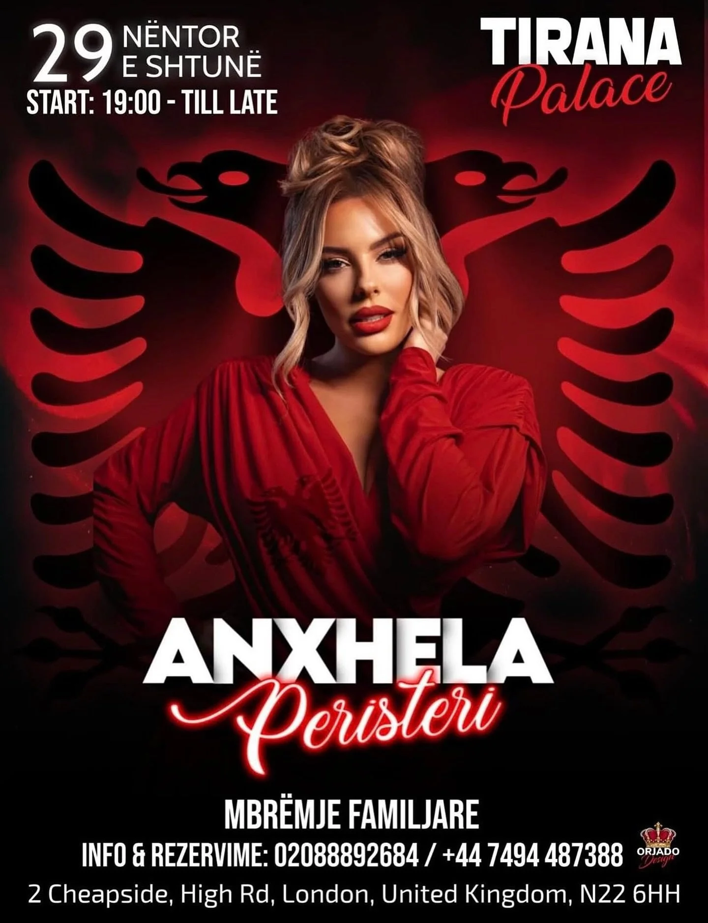 Festojm&euml; Dit&euml;n e Pavar&euml;sis&euml; s&euml; Shqip&euml;ris&euml;! 🇦🇱
Anxhela Peristeri LIVE n&euml; Tirana Palace &ndash; London

📅 29 N&euml;ntor
🕖 Ora: 19:00
📍 Tirana Palace, London &ndash; 2 Cheapside High Rd, London N22 6HH

Vet&