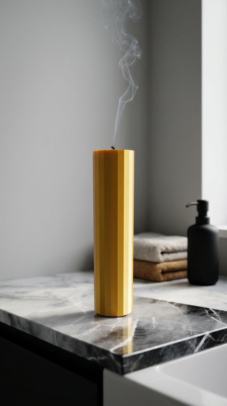 A gold incense stick holder on a black marble tray, with smoke rising from the wick, in a bathroom setting with folded towels and a soap dispenser in the background.