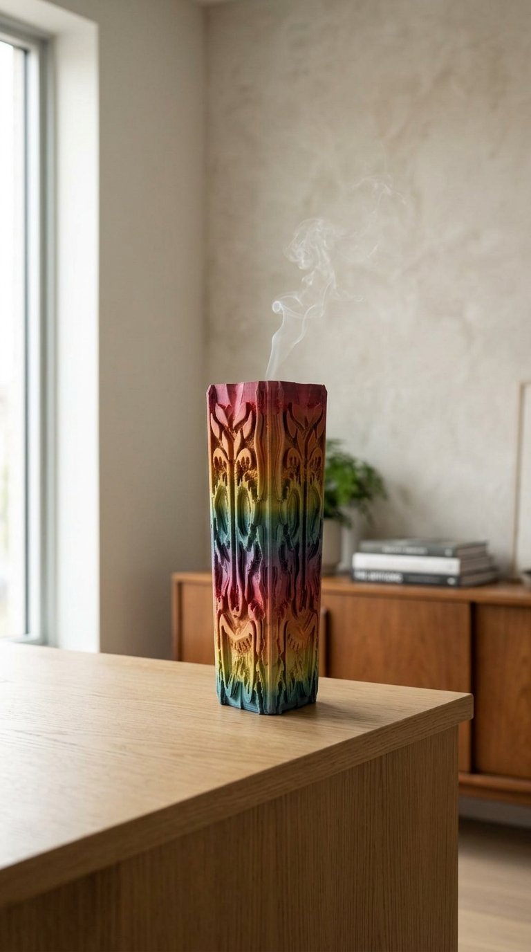 Colorful, tall, patterned incense holder on a wooden surface with smoke rising from it in a room with a window and a wooden cabinet in the background.