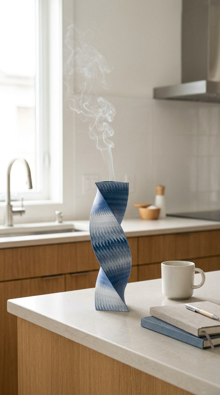A modern kitchen with a white countertop, a blue and gray spiral-shaped incense stick holder with light smoke coming from top, a white coffee mug, and two notebooks with a pen on top. The background shows a sink, a window, and kitchen cabinets.