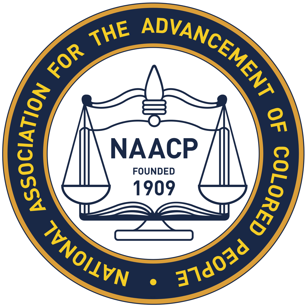 NAACP logo with scales of justice and book, text "NAACP Founded 1909", surrounded by circle with "National Association for the Advancement of Colored People".