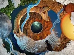 A surreal, circular landscape with waterfalls, mountains, trees, and animals forming a continuous scene.