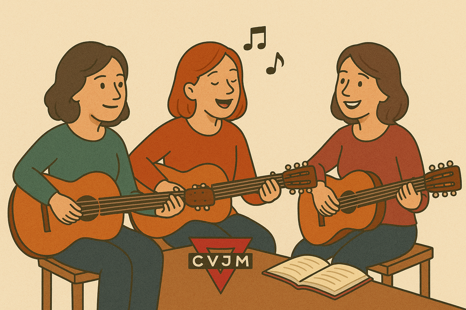 Drei Frauen sitzen auf Bänken und spielen Gitarre, eine singt, während die anderen beiden singen. Es gibt einen Musikständer mit dem Logo 'CVJM' und ein offenes Buch auf dem Tisch.