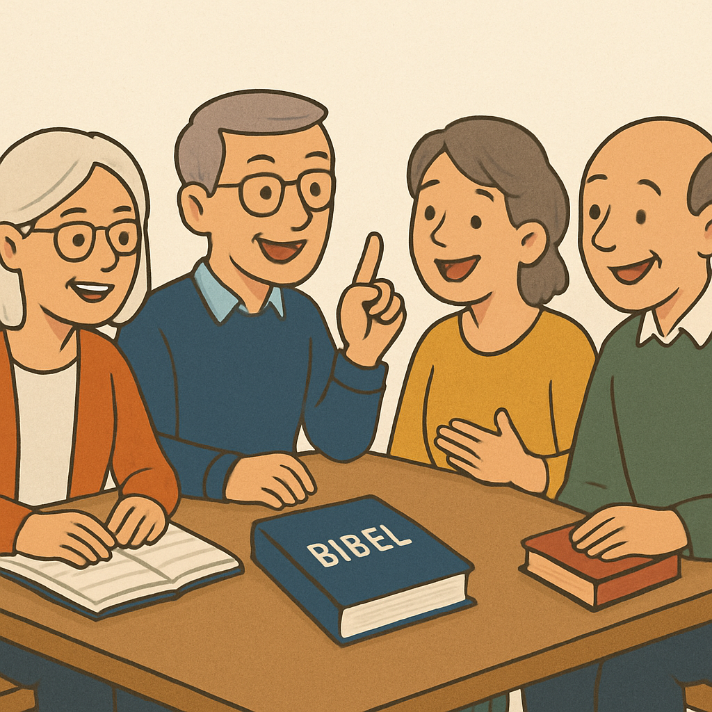 Vier Menschen sitzen um einen Tisch mit Bibeln und einer offenen Bibel. Sie scheinen in einer Diskussion oder einem Unterricht über die Bibel zu sein.