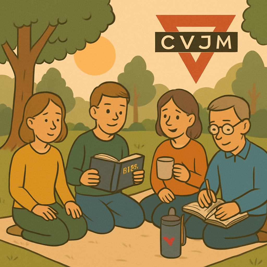 Vier Menschen sitzen auf einer Decke im Park, lesen und trinken Kaffee, mit Bäumen und Sonne im Hintergrund und einem Logo 'CVJM' an der Baumkrone.