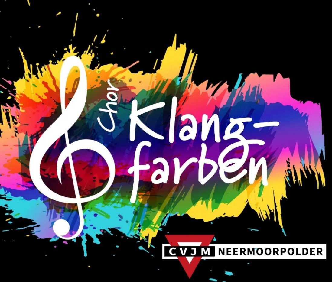Grafisches Design mit bunten Farbklecksen und Musiksymbol, darunter der Text 'ich Klangfarben' und 'CVJM Neermoorpolder'.