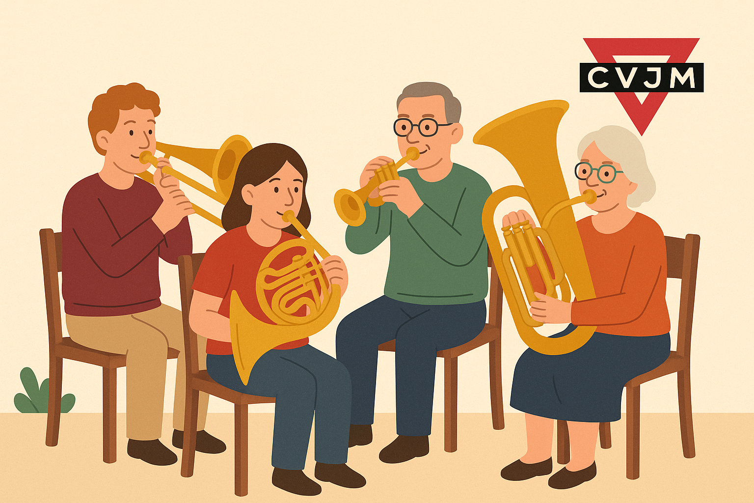 Menschen spielen zusammen Blasmusik im Raum, zwei Frauen und zwei Männer, mit einem CVJM-Logo an der Wand.