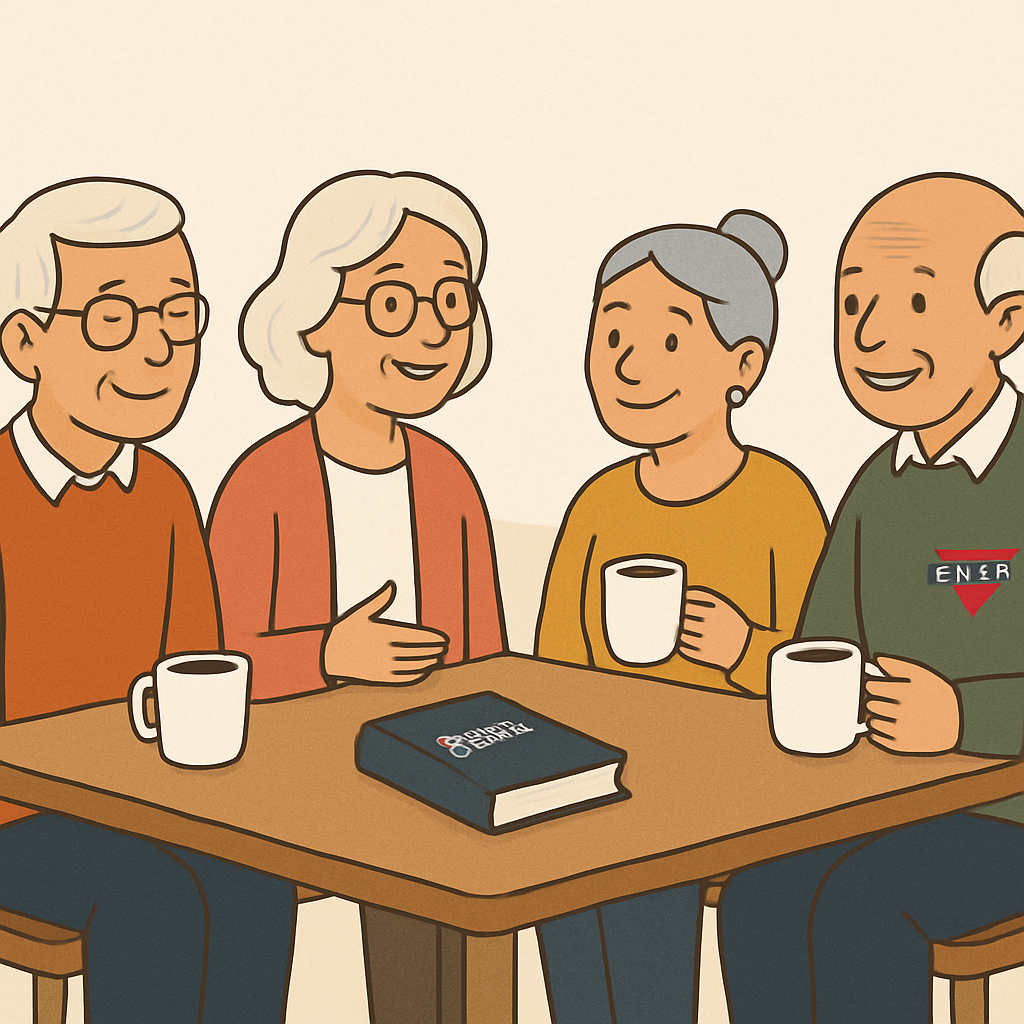 Vier ältere Menschen sitzen um einen Tisch, trinken Kaffee und sprechen miteinander. Auf dem Tisch liegt ein Buch und vier Kaffeetassen.