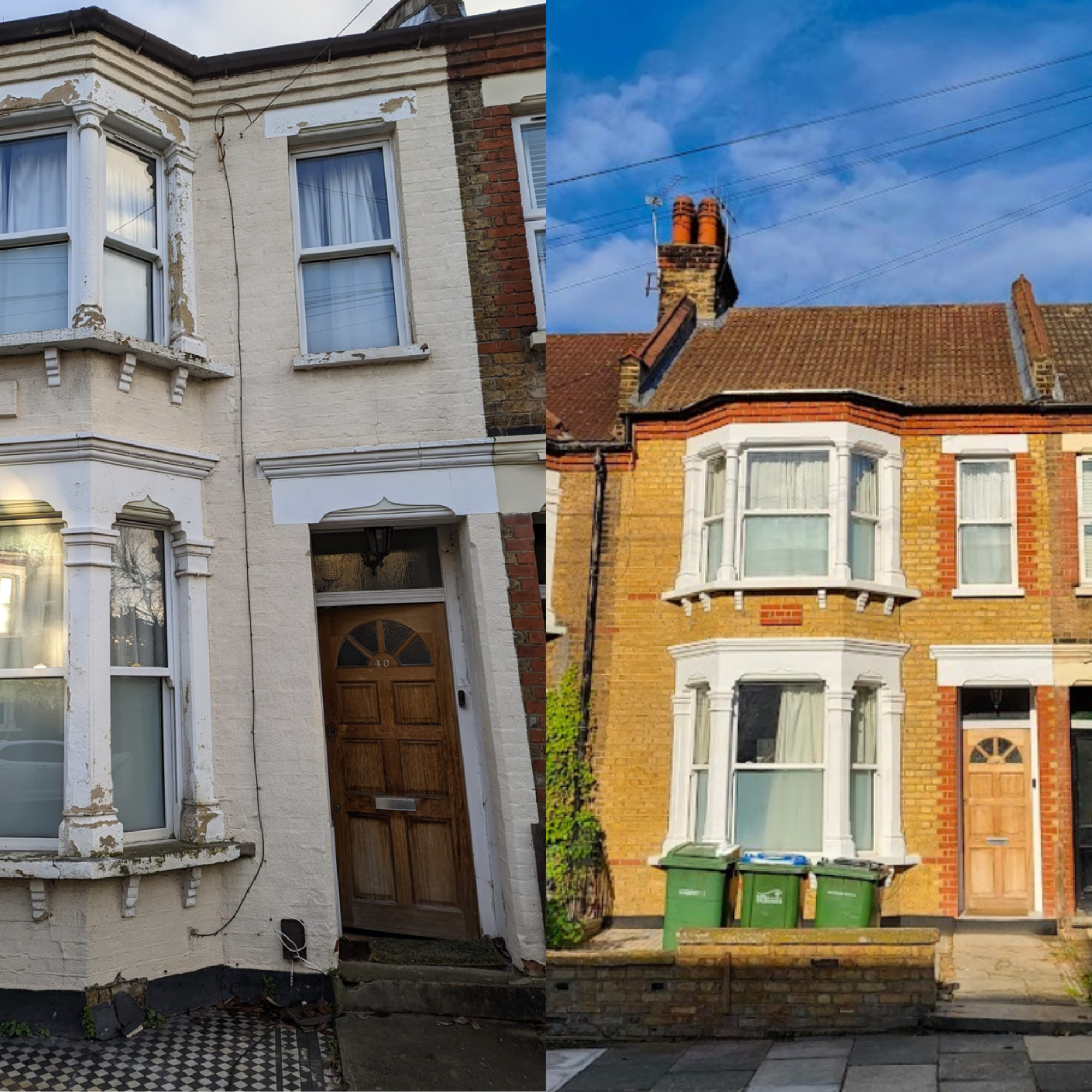 Before and after of a Victorian house façade restored