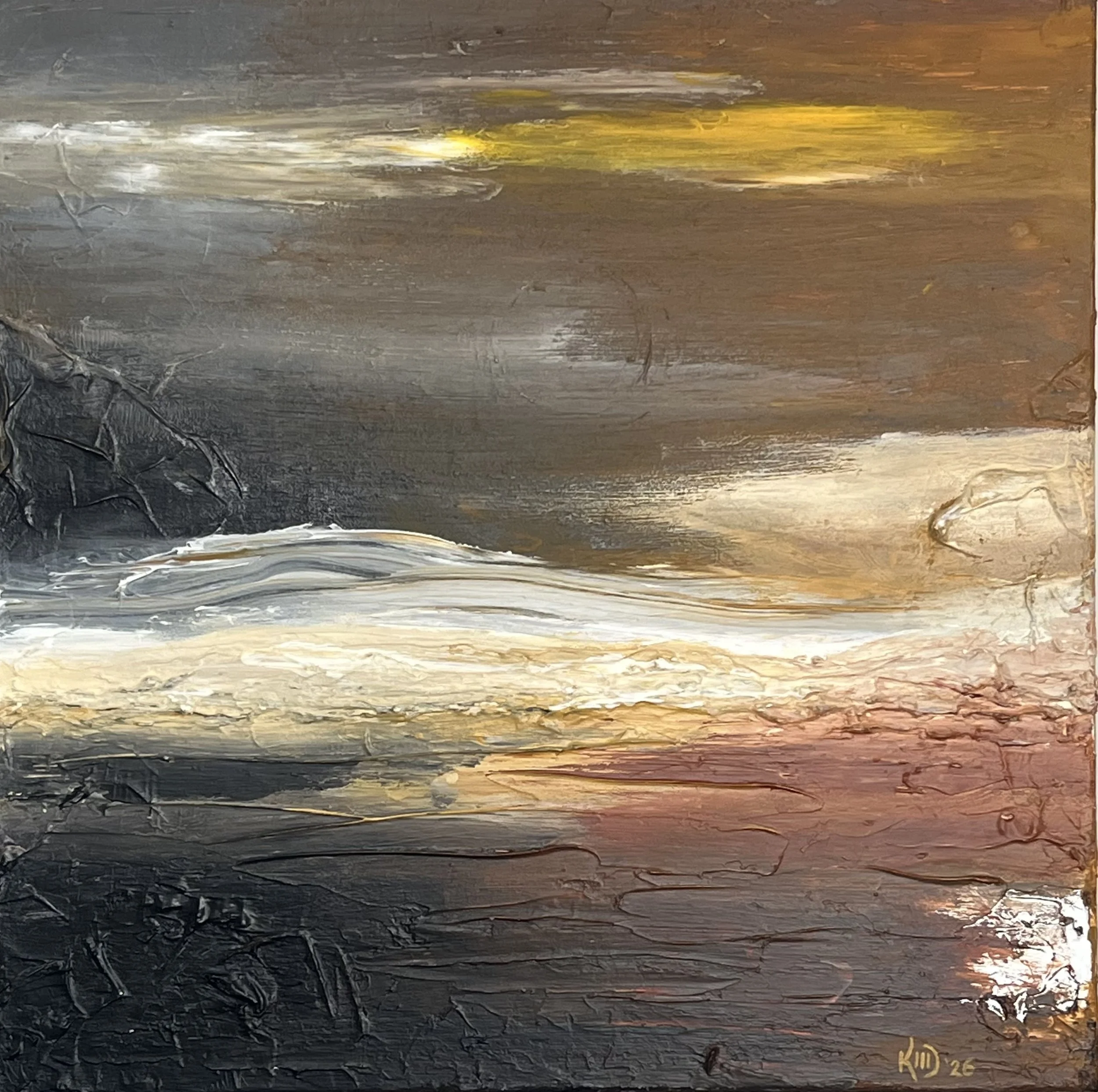 20" x 20" canvas painted with brown, black, red, yellow ochres