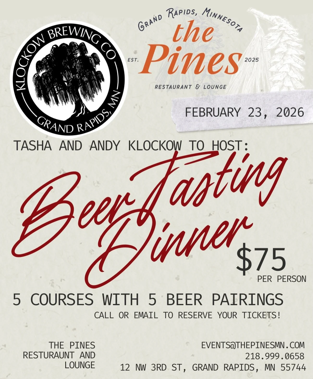 Join us for a cozy, one-night-only Beer Dinner at The Pines on Monday, February 23rd 🍻

We&rsquo;re excited to welcome Tasha and Andy from @klockowbrewing for a five-course menu, each dish thoughtfully paired with one of their more eclectic beers.

