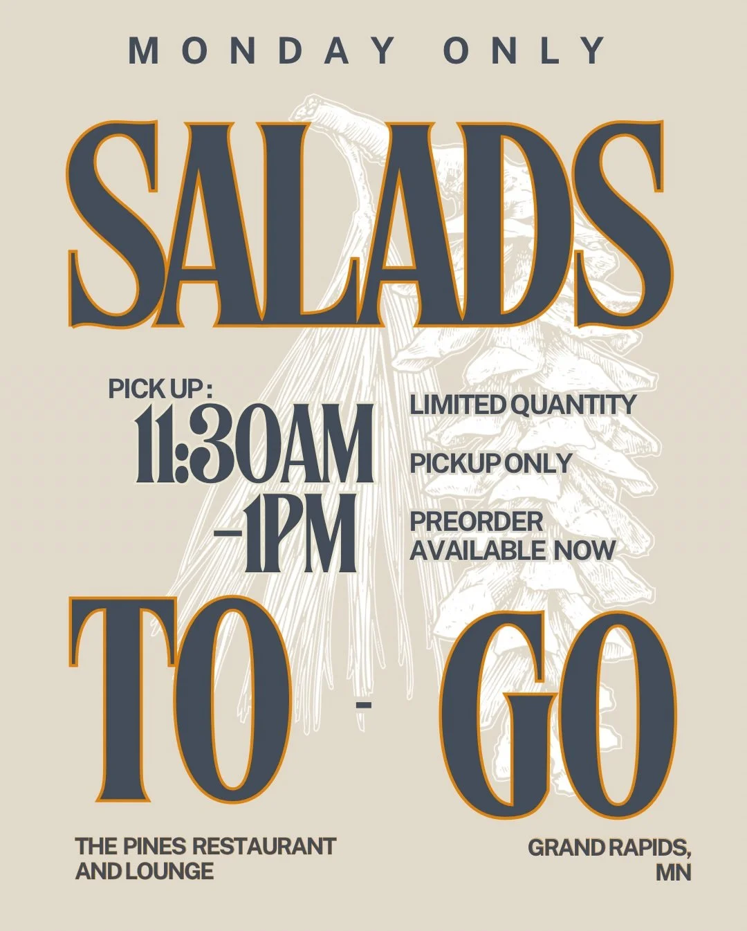 A new Monday ritual!🌲🥗

Introducing Monday Salads To-Go at The Pines.

This week&rsquo;s pick:
Spinach, chicken breast, wild rice, beets, goat cheese, vinegar cranberries, brown sugar pecans, red wine vinaigrette.

$20 (including tax) (cash or card